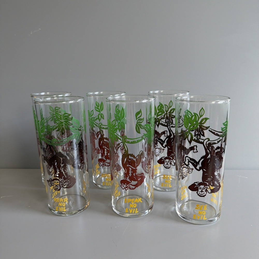 Set of 6 - Vtg 1950s MCM Federal Glass Monkey Jungle Collins Highball Glasses